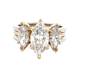 LAB GROWN MARQUISE & ROUND DIAMONDS 3.05ctw THREE STONE 3-ROW RING