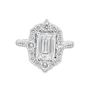 LAB GROWN EMERALD AND ROUND DIAMONDS 3.58ctw PRONG SET HALO RING