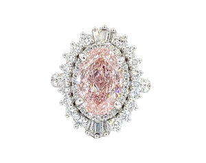 LAB GROWN PINK OVAL, ROUND & BAGUETTE DIAMONDS 7.20ctw HALO RING
