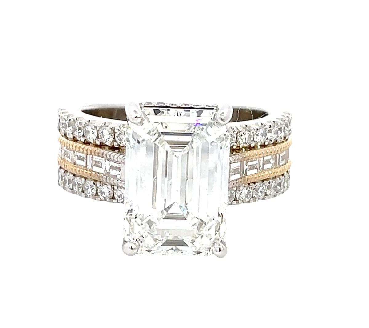 LAB GROWN EMERALD, ROUND, &amp; BAGUETTE DIAMONDS 7.50ctw THREE ROW RING