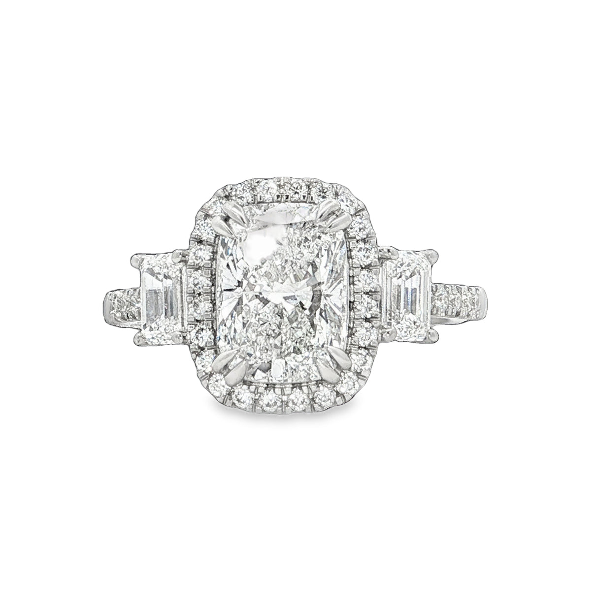 LAB GROWN CUSHION, TRAPEZOID AND ROUND DIAMONDS 3.04ctw HALO RING