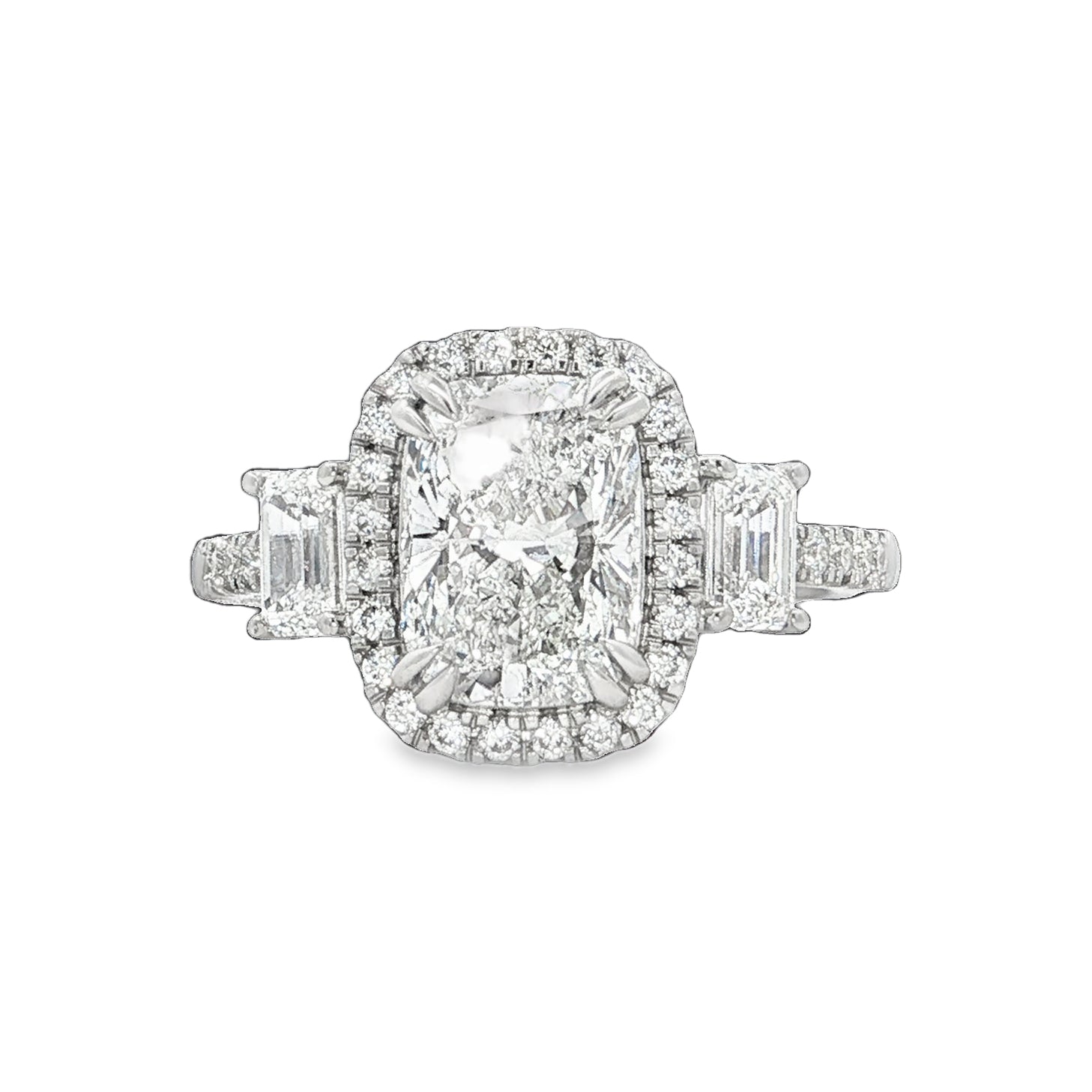LAB GROWN CUSHION, TRAPEZOID AND ROUND DIAMONDS 3.04ctw HALO RING