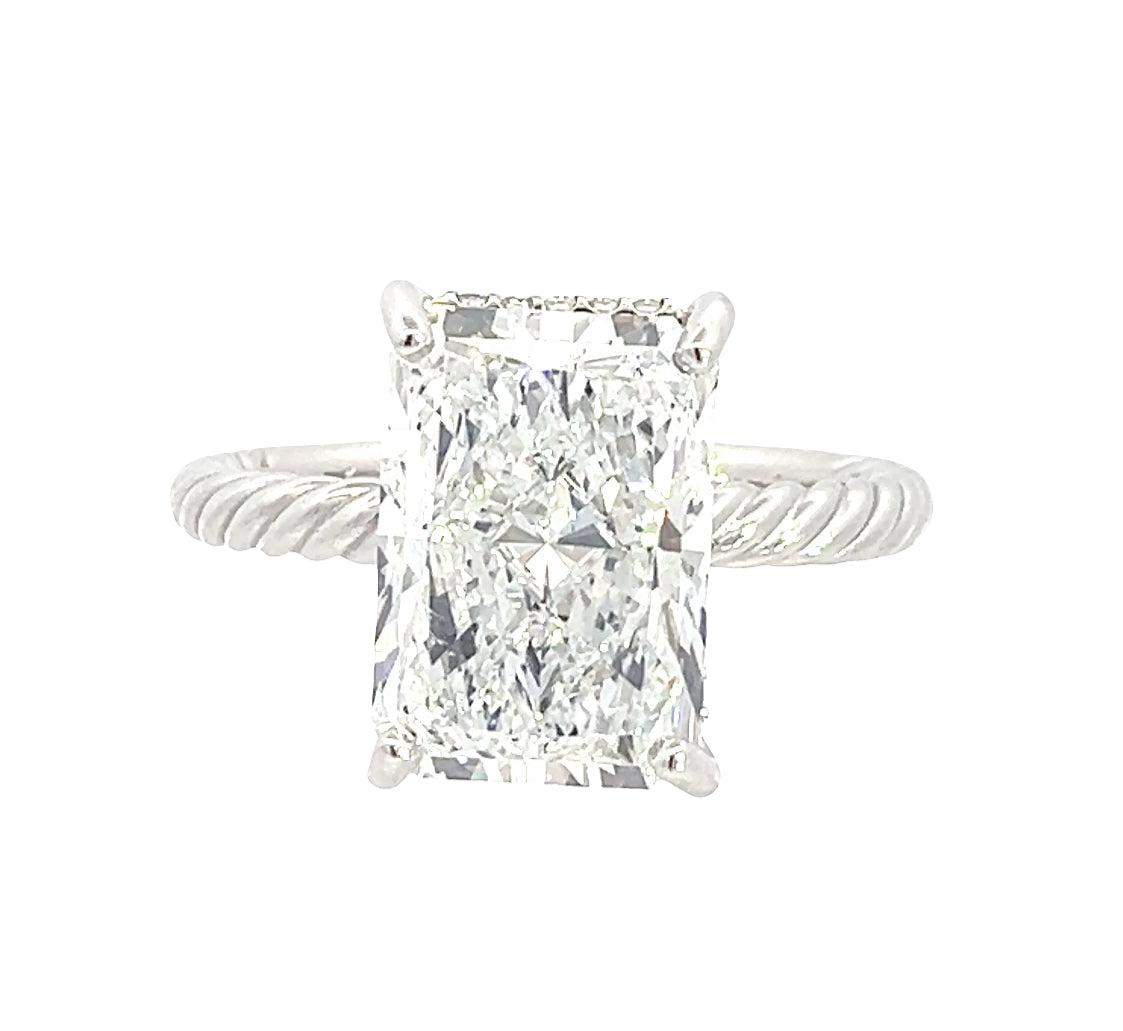 LAB GROWN RADIANT & ROUND DIAMONDS 4.18ctw UNDERHALO ROPE SOLITAIRE ENGAGEMENT RING