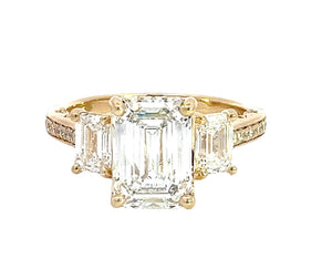 LAB GROWN EMERALD & ROUND DIAMONDS 4.40ctw THREE STONE PAVE RING