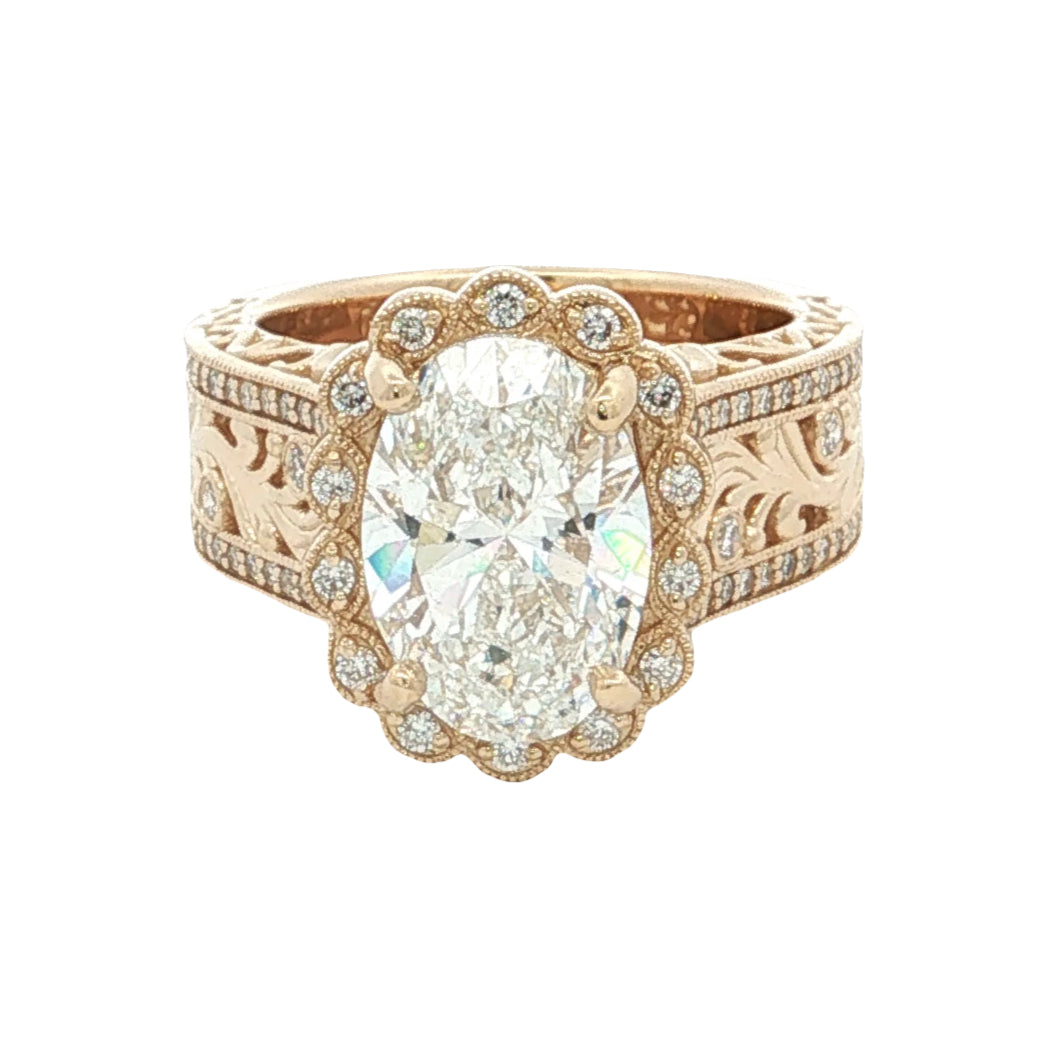 LAB GROWN OVAL AND ROUND DIAMONDS 4.02ctw ENGRAVED HALO RING