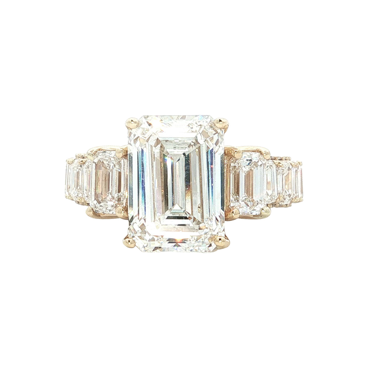 LAB GROWN EMERALD CUT DIAMONDS 10ctw THREE STONE RING