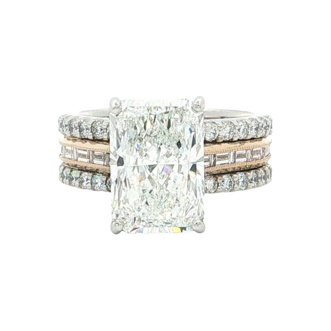 LAB GROWN RADIANT, ROUND & BAGUETTE DIAMONDS 6.53ctw THREE ROW RING