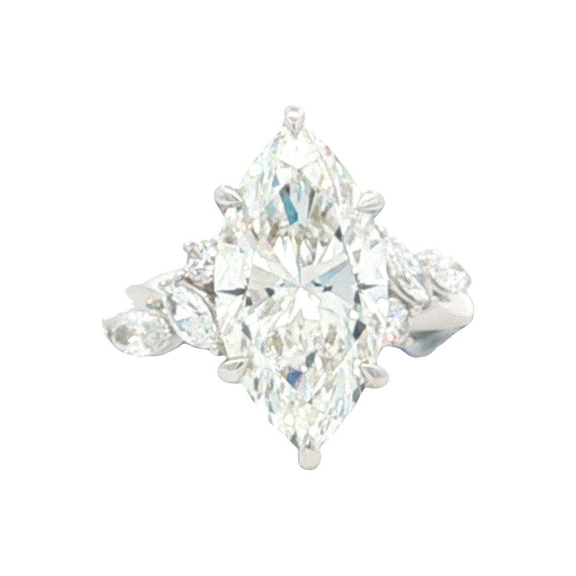 LAB GROWN MARQUISE AND ROUND DIAMONDS 5 1/2ctw PRONG SET LEAF STYLE RING