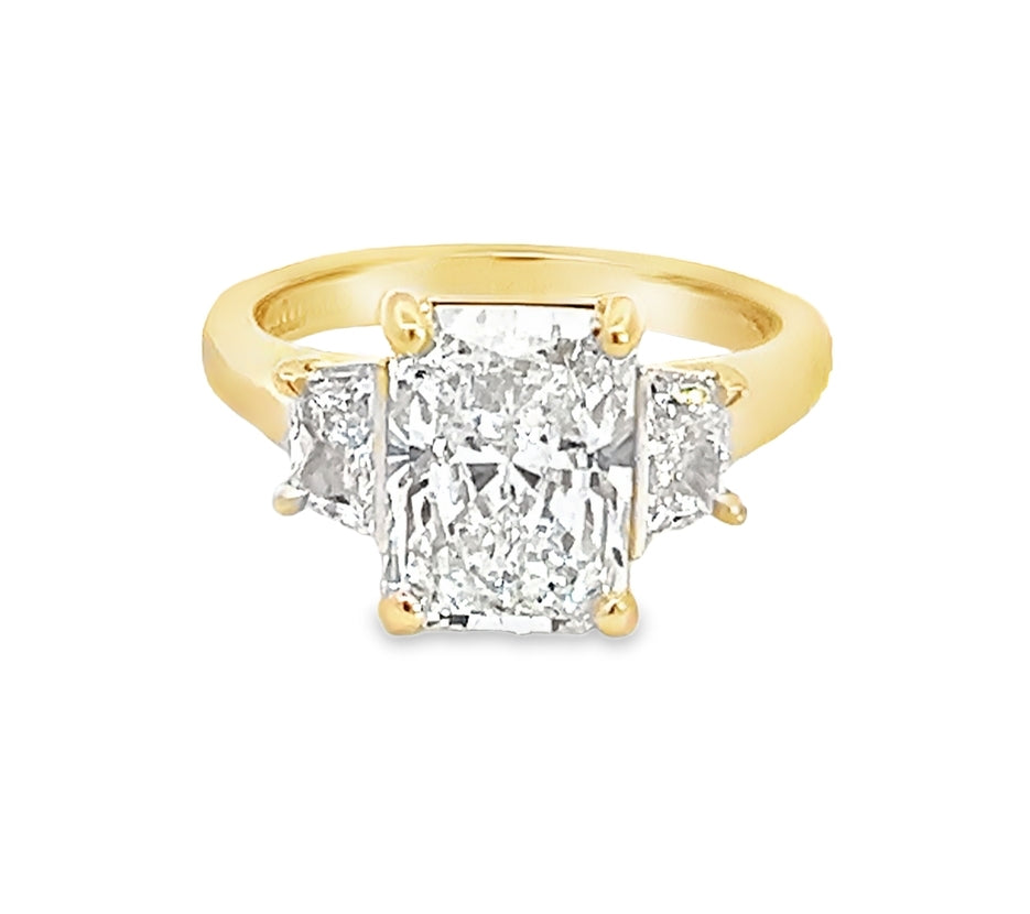 LAB GROWN RADIANT AND TRAPEZOID DIAMONDS 3.80ctw THREE STONE RING