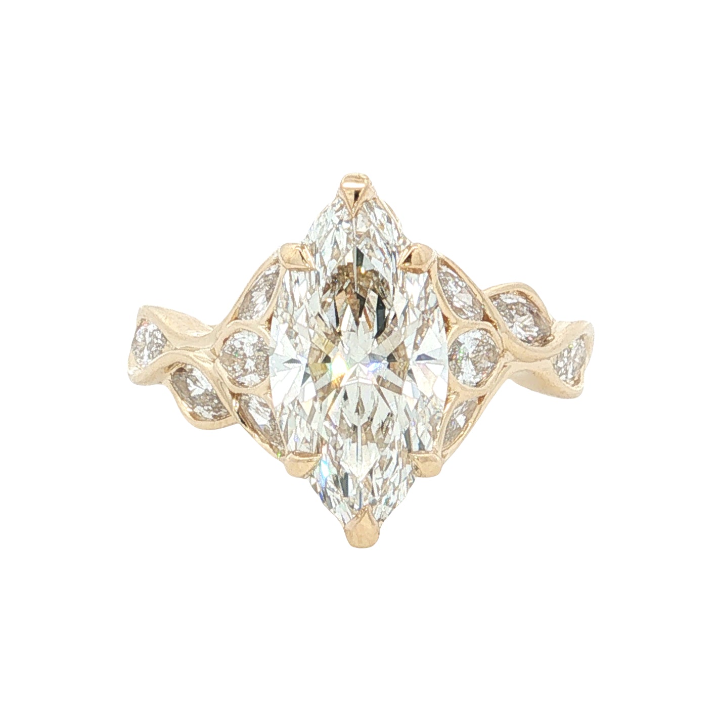 LAB GROWN MARQUISE DIAMONDS 4 1/4ctw BEZEL LEAF DESIGN RING