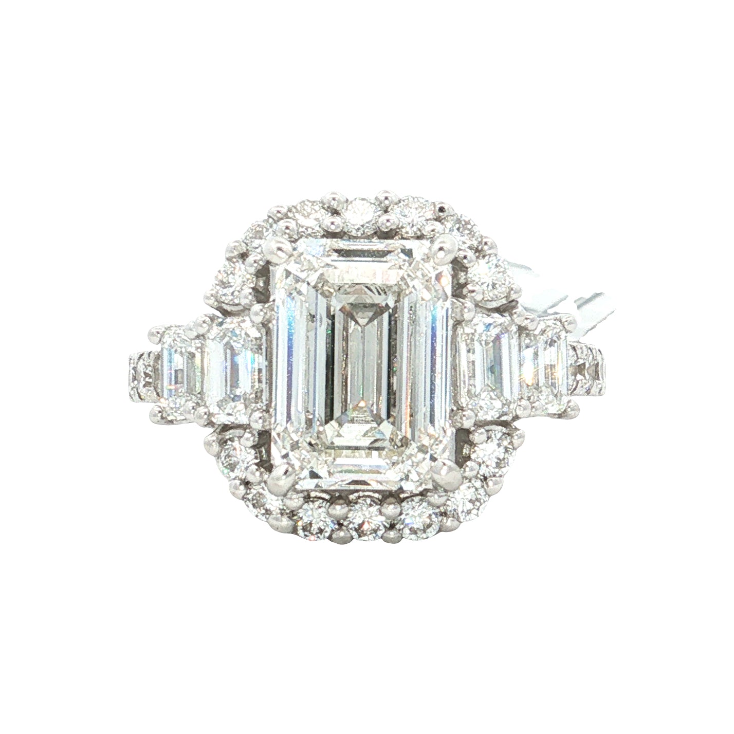 LAB GROWN EMERALD AND ROUND DIAMOND 4 1/2ctw HALO RING
