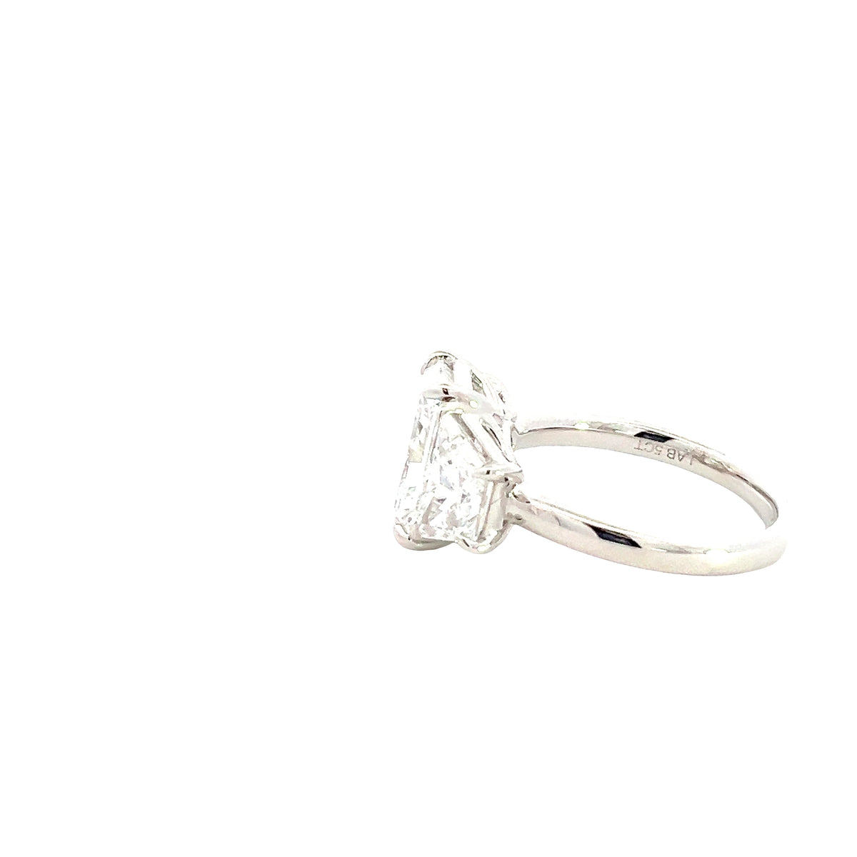 LAB GROWN RADIANT AND TRAPEZOID DIAMONDS 5.10ctw THREE STONE RING