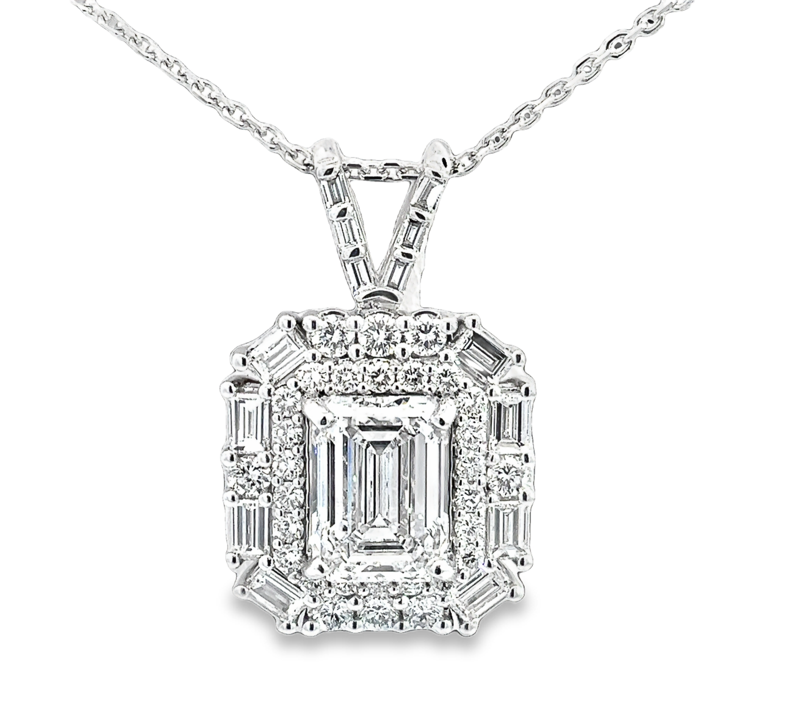 LAB GROWN EMERALD, ROUND, & BAGUETTE DIAMONDS 6.62ctw CUSTOM HALO PENDANT