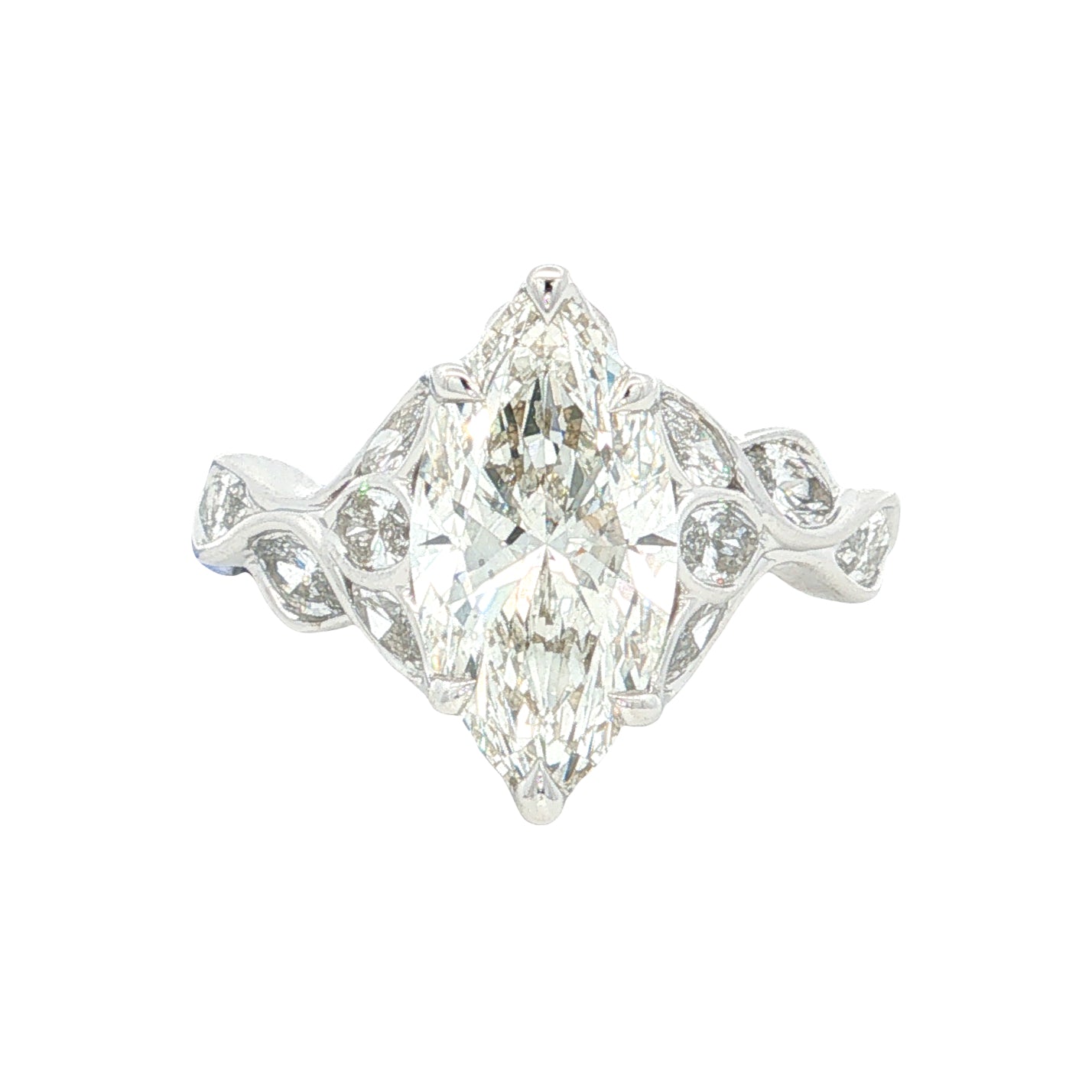 LAB GROWN MARQUISE DIAMONDS 4 1/4ctw BEZEL LEAF STYLE RING