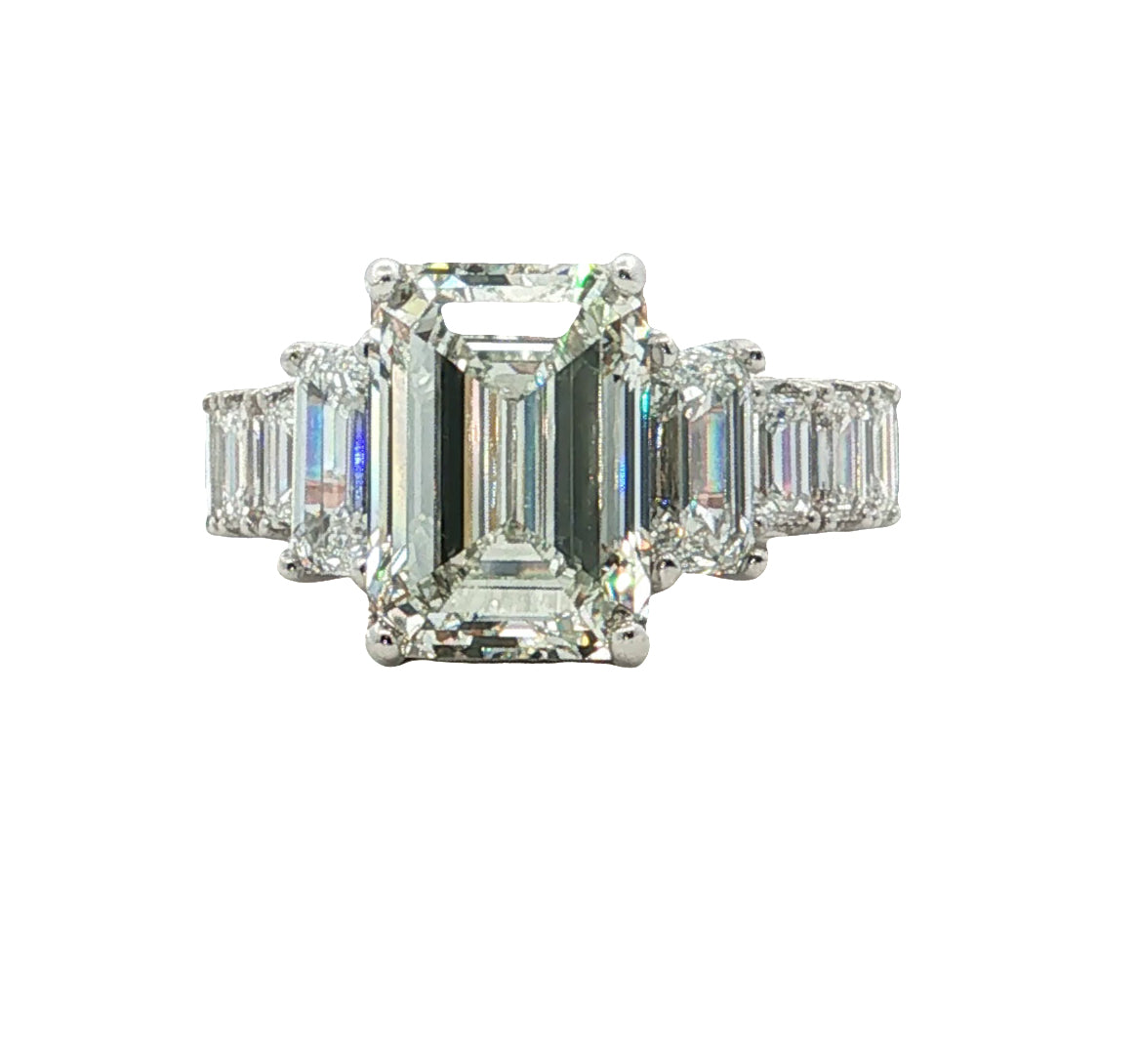 LAB GROWN EMERALD AND ROUND DIAMONDS 14.30ctw THREE STONE RING
