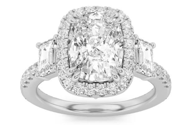 LAB GROWN CUSHION, EMERALD CUT & ROUND DIAMONDS 3ctw HALO THREE STONE RING