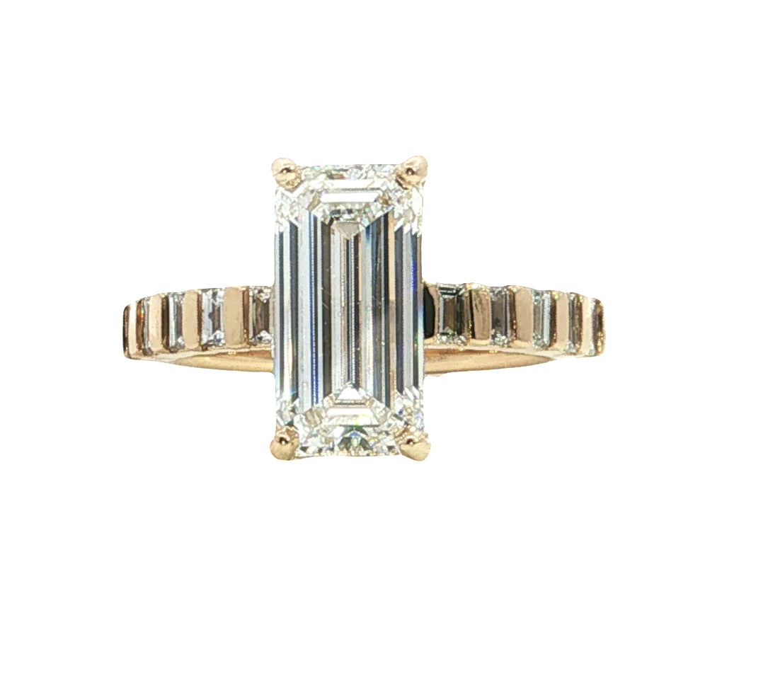 LAB GROWN EMERALD AND BAGUETTE DIAMONDS 3.49ctw CHANNEL SET RING