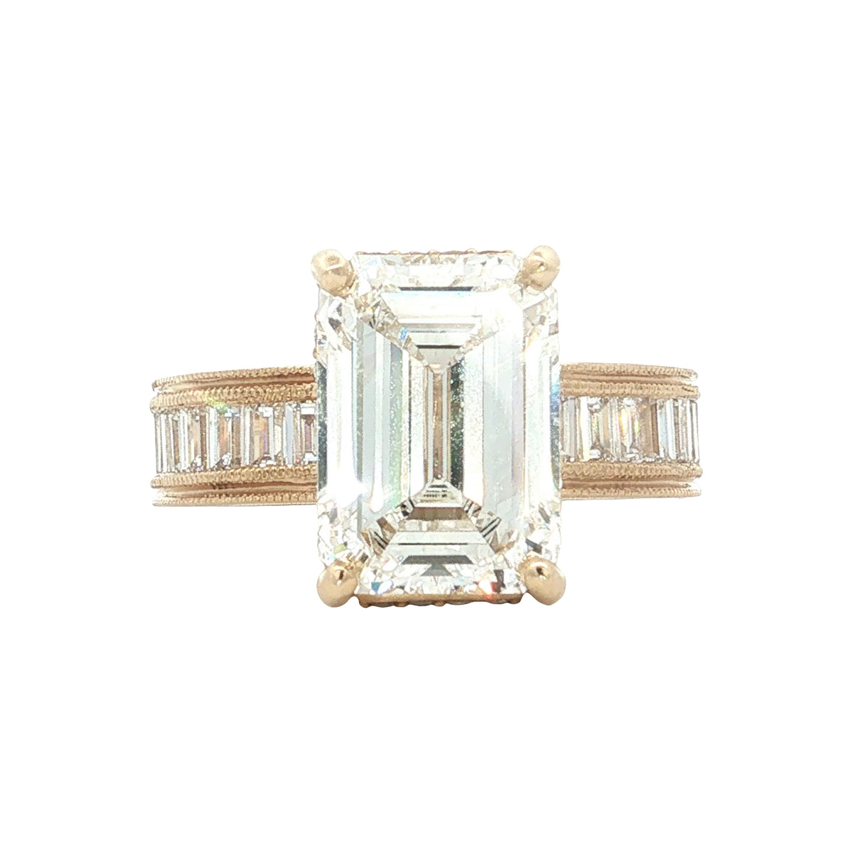 LAB GROWN EMERALD AND BAGUETTE DIAMONDS 6.90ctw CHANNEL SET RING
