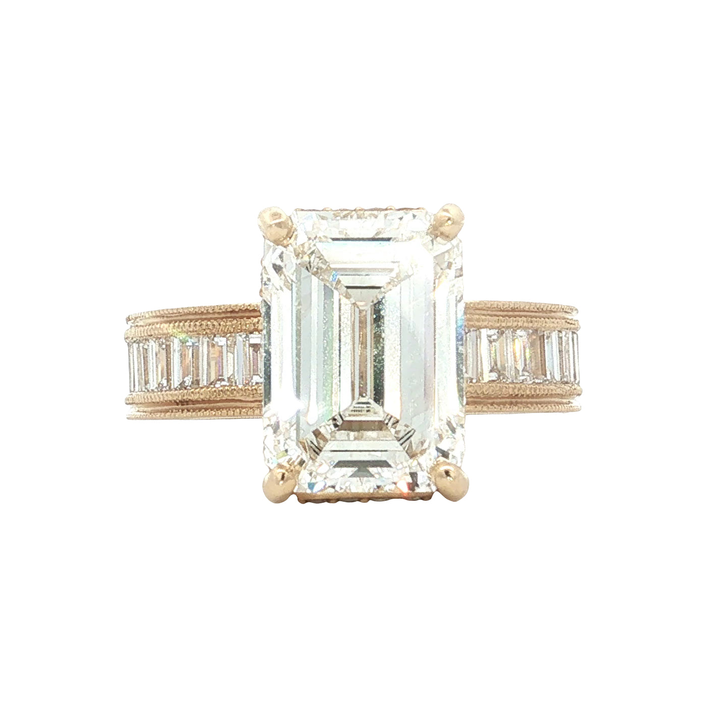 LAB GROWN EMERALD AND BAGUETTE DIAMONDS 6.90ctw CHANNEL SET RING