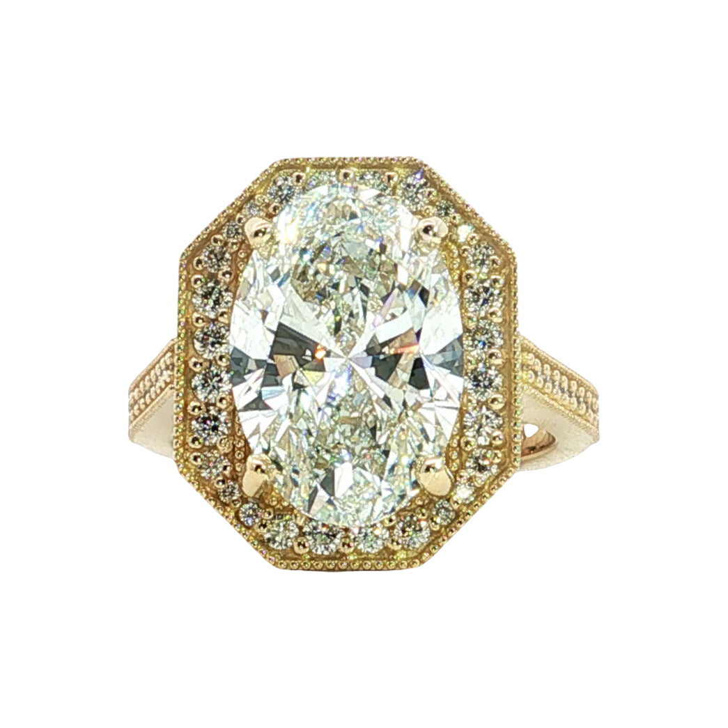 LAB GROWN OVAL AND ROUND DIAMONDS 5.61ctw PAVE MILGRAIN HALO RING