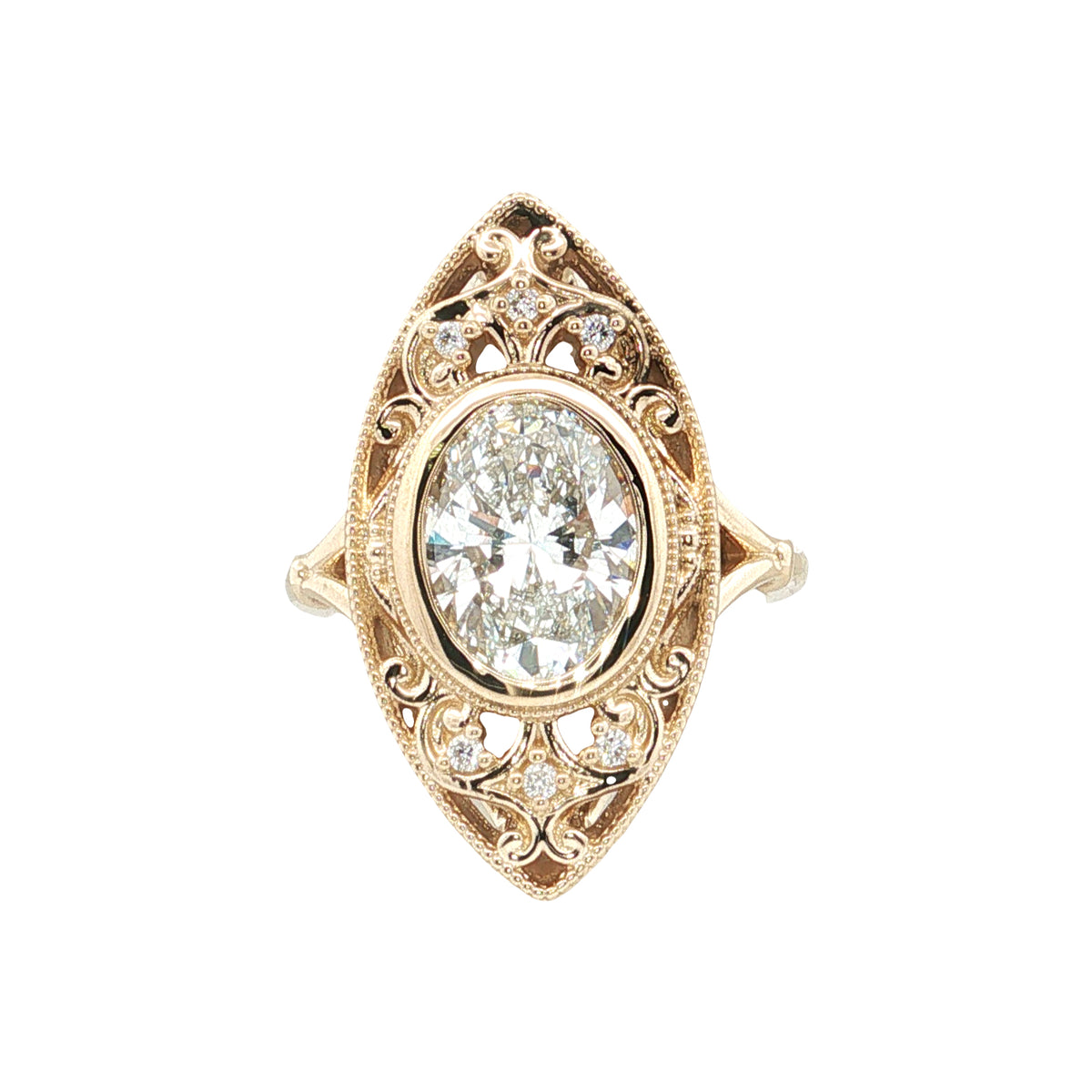 LAB GROWN OVAL AND ROUND DIAMONDS 2.64ctw VINTAGE FILIGREE STYLE RING