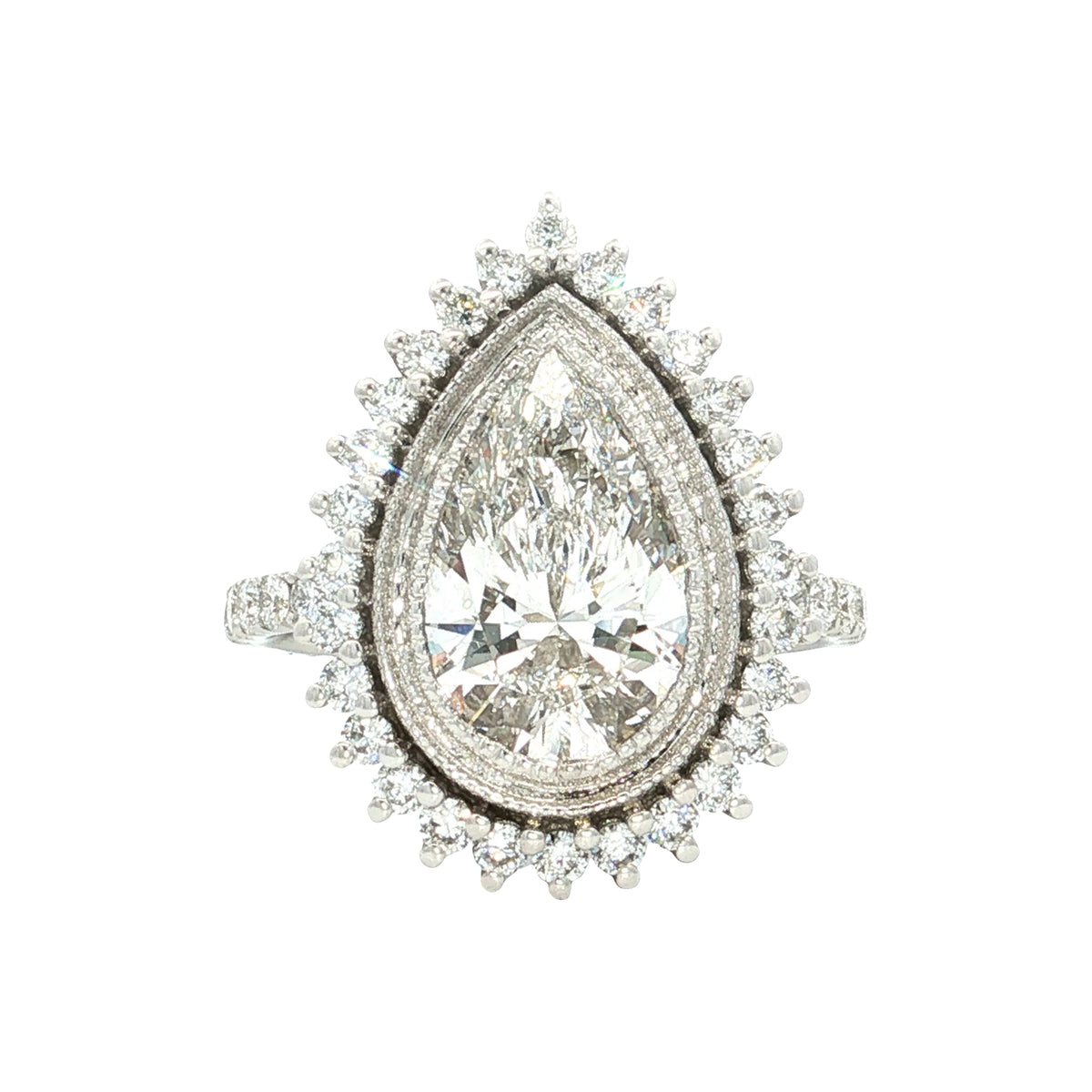LAB GROWN PEAR & ROUND DIAMONDS 2.92CTW BEZEL PRONG SET HALO RING