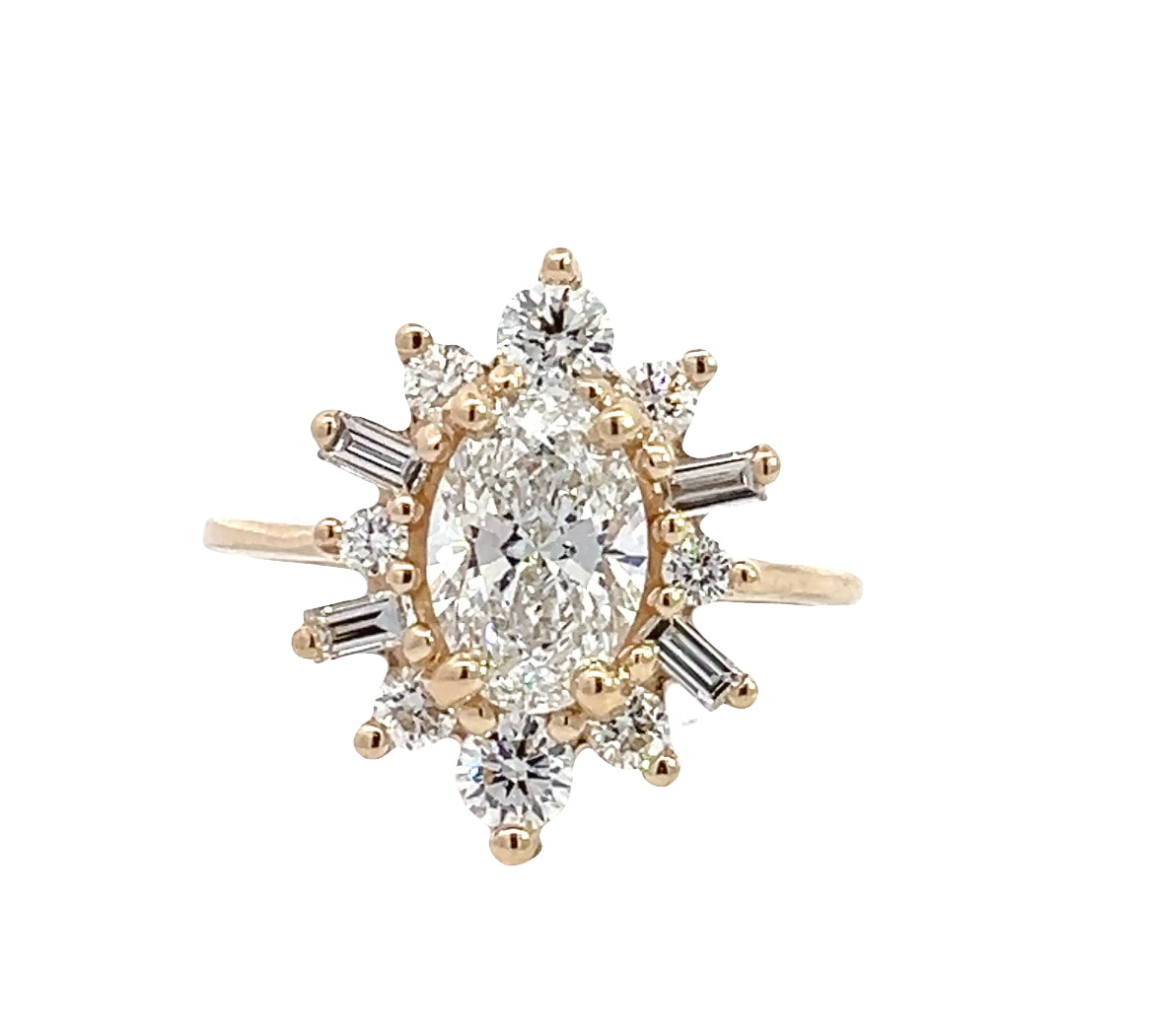 LAB GROWN OVAL, BAGUETTE, &amp; ROUND DIAMONDS 1.97ctw HALO STYLE RING