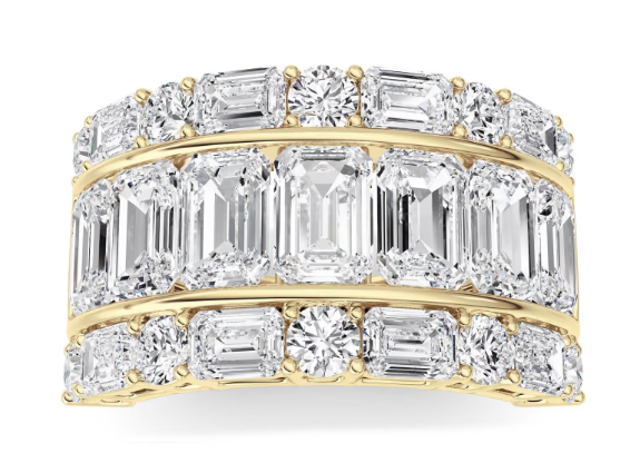 LAB GROWN EMERALD AND ROUND DIAMONDS 7ctw THREE ROW RING