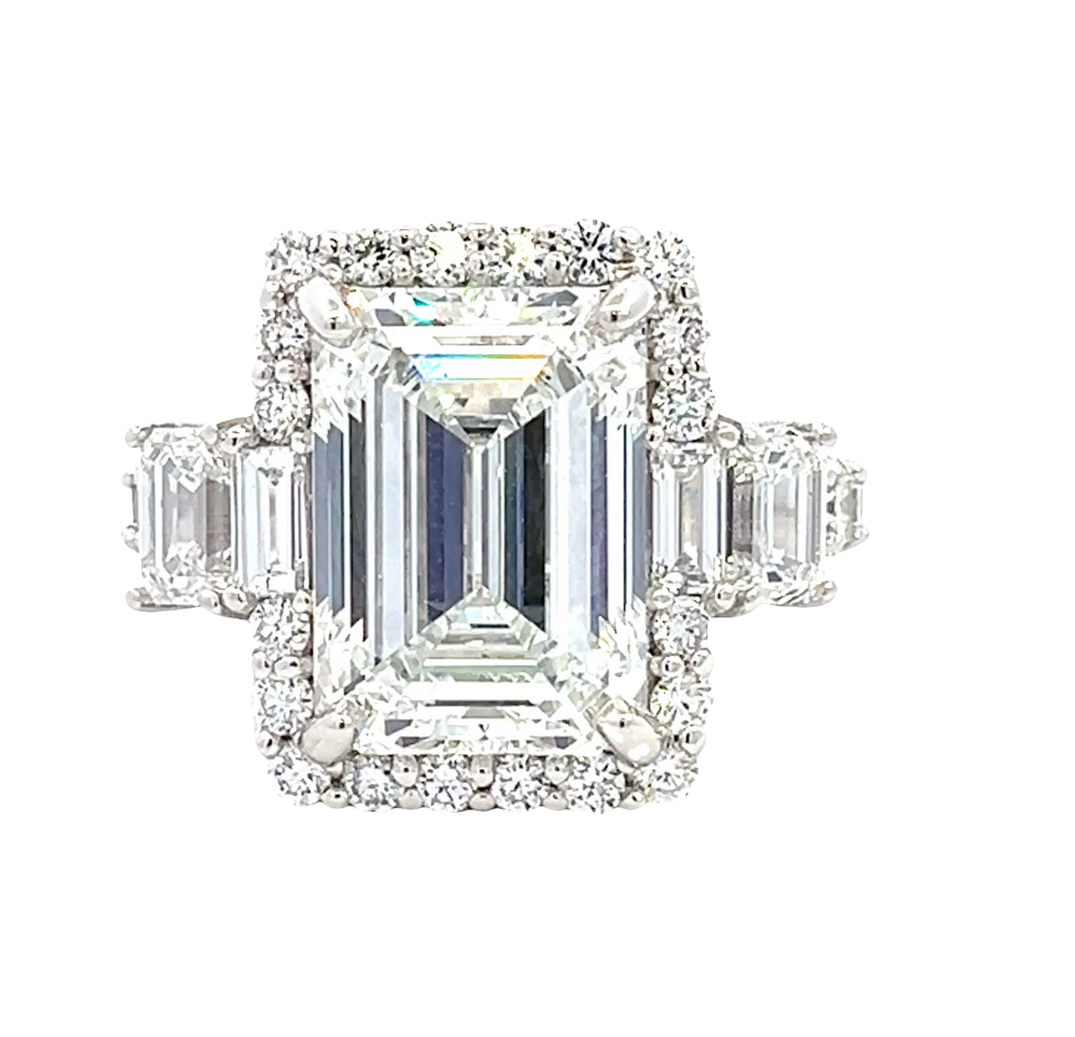 LAB GROWN EMERALD AND ROUND DIAMONDS 8.02ctw HALO RING