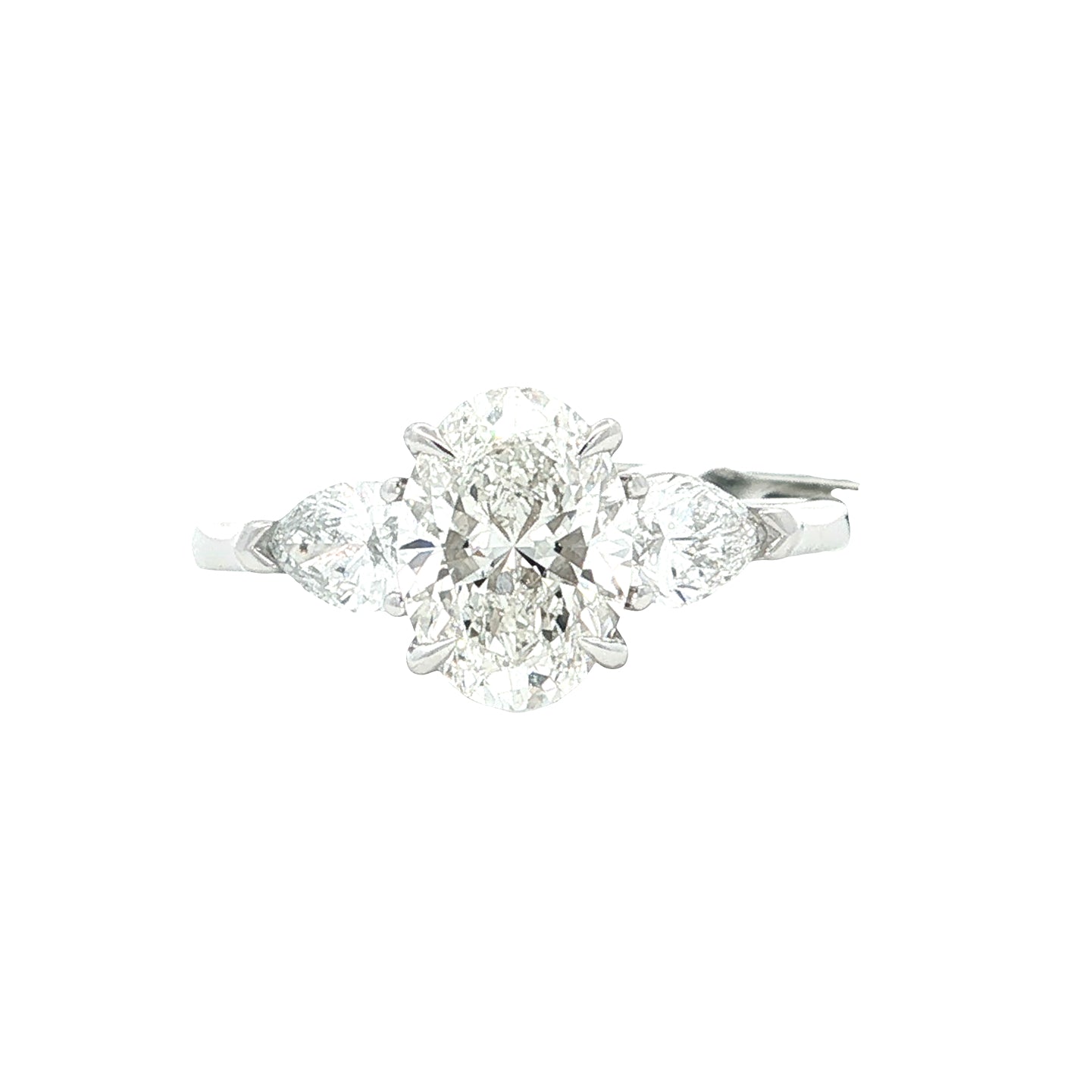 LAB GROWN OVAL AND PEAR DIAMONDS 2.15ctw THREE STONE RING