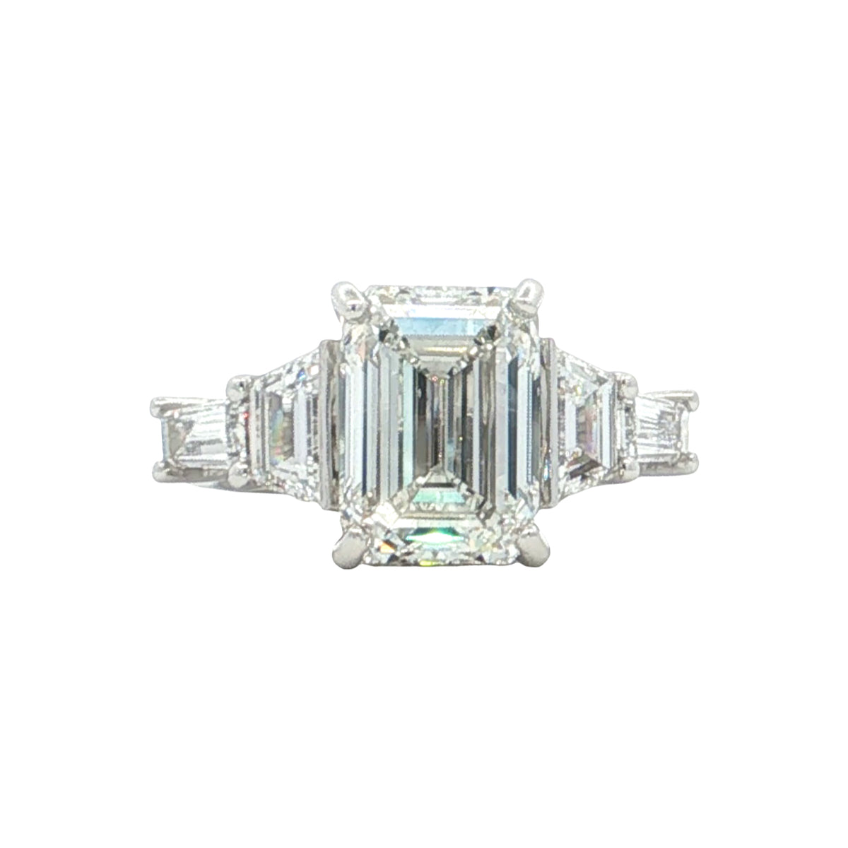 LAB GROWN EMERALD,TRAPEZOID & BAGUETTE DIAMONDS 7.02ctw PRONG SET RING