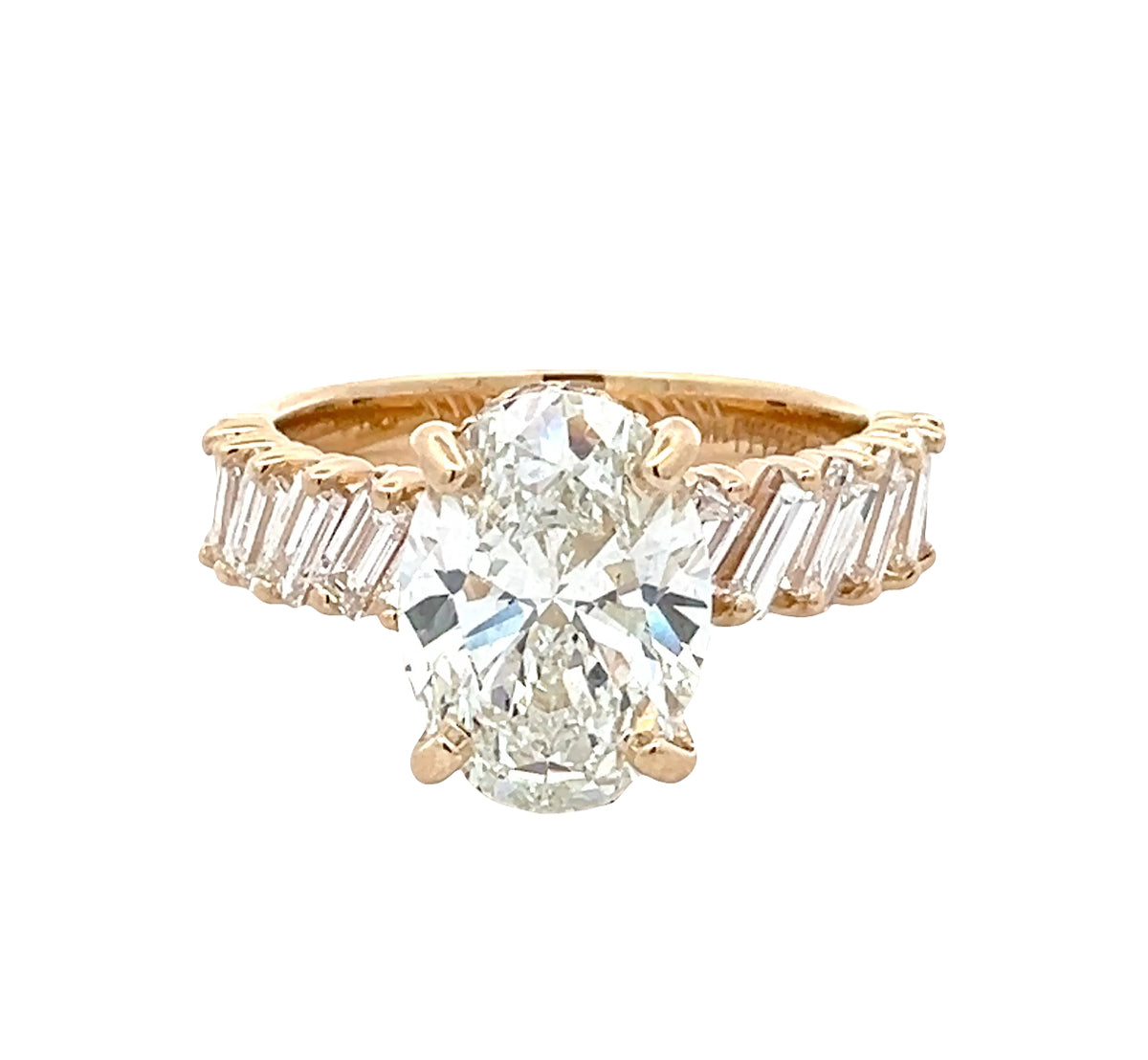 LAB GROWN OVAL AND BAGUETTES 4.34ctw ANGELED PRONG SET RING