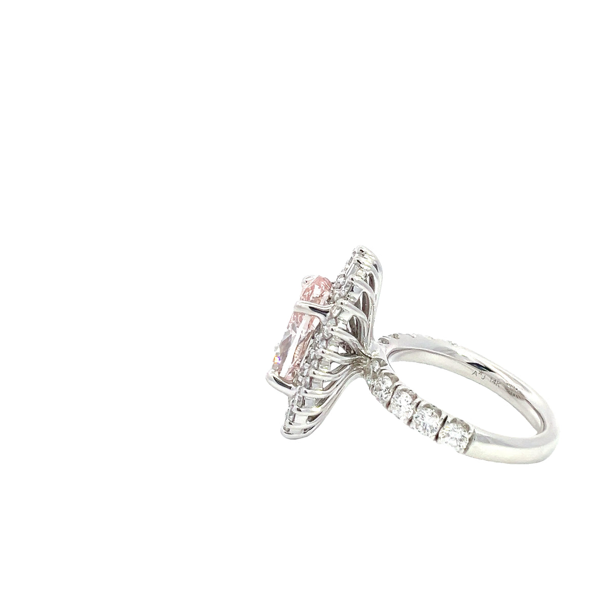 LAB GROWN PINK OVAL, ROUND &amp; BAGUETTE DIAMONDS 7.20ctw HALO RING