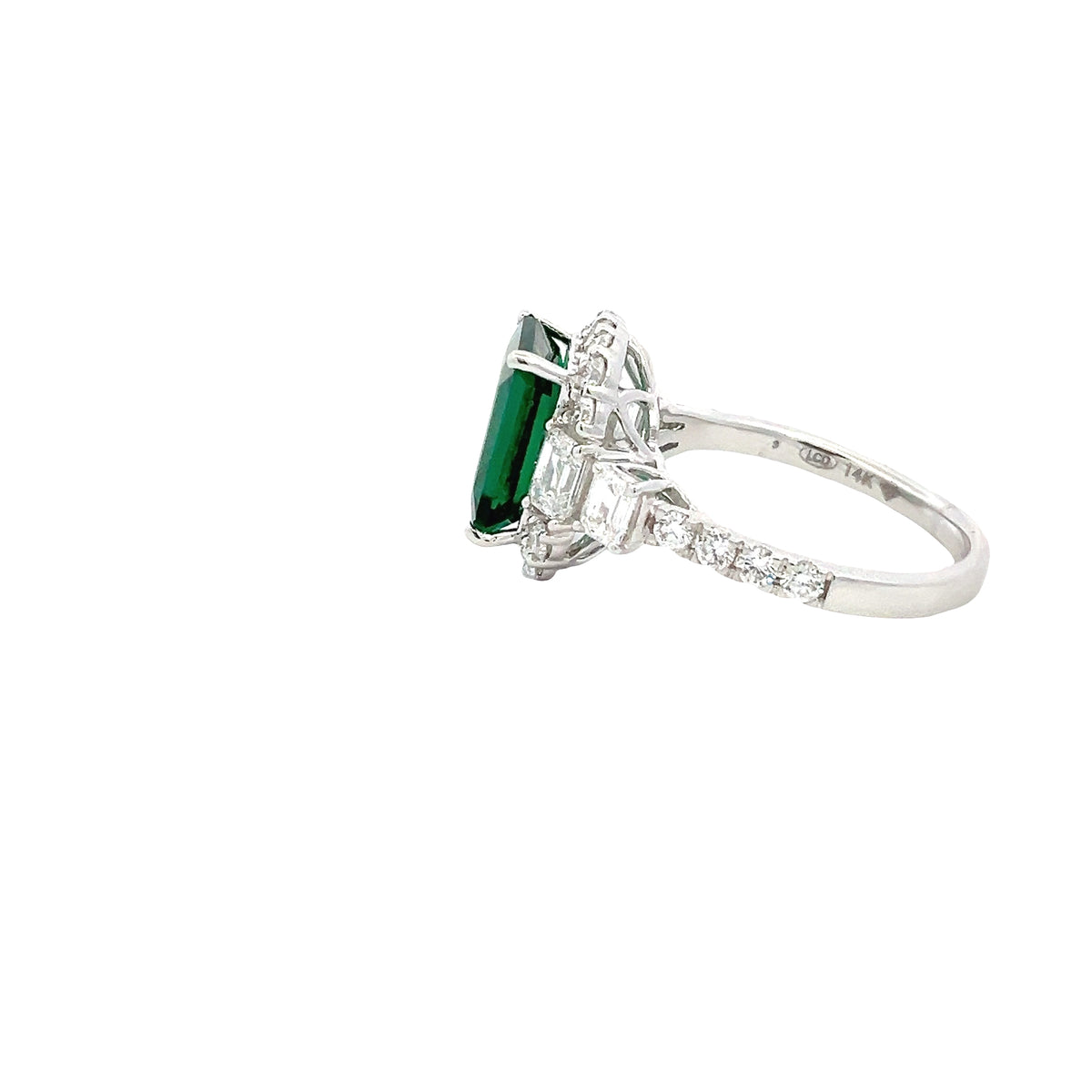 LAB GROWN GREEN EMERALD, ROUND &amp; EMERALD DIAMONDS 4.50ctw HALO STYLE RING