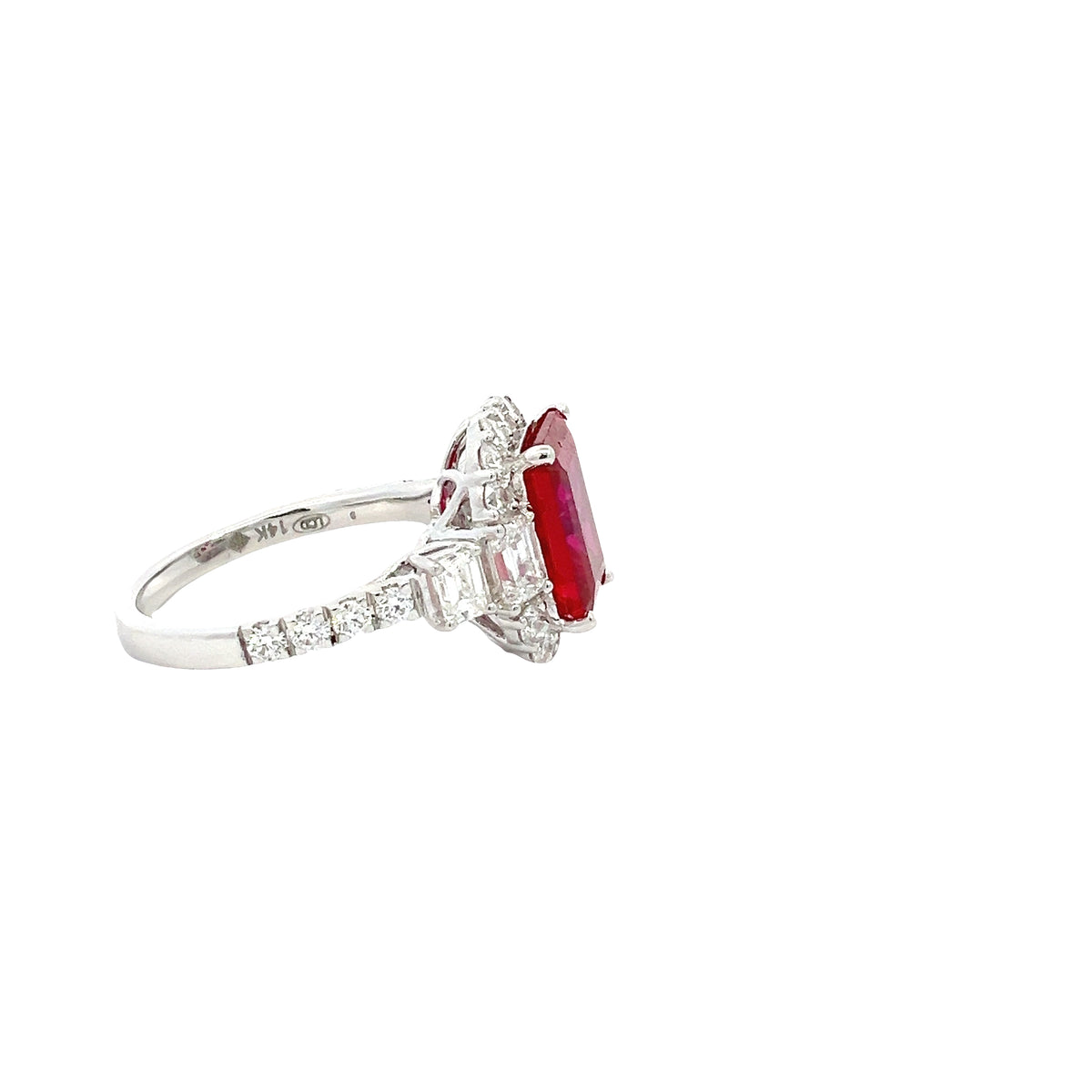 LAB GROWN EMERALD CUT RUBY &amp; DIAMONDS 4 1/2ctw HALO RING