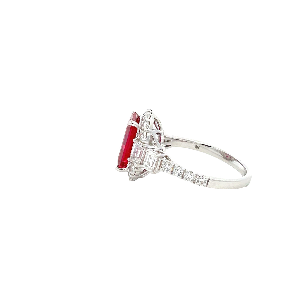 LAB GROWN EMERALD CUT RUBY &amp; DIAMONDS 4 1/2ctw HALO RING