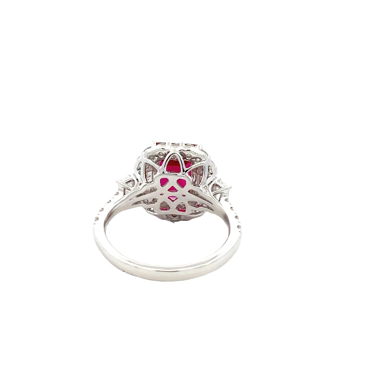 LAB GROWN EMERALD CUT RUBY &amp; DIAMONDS 4 1/2ctw HALO RING