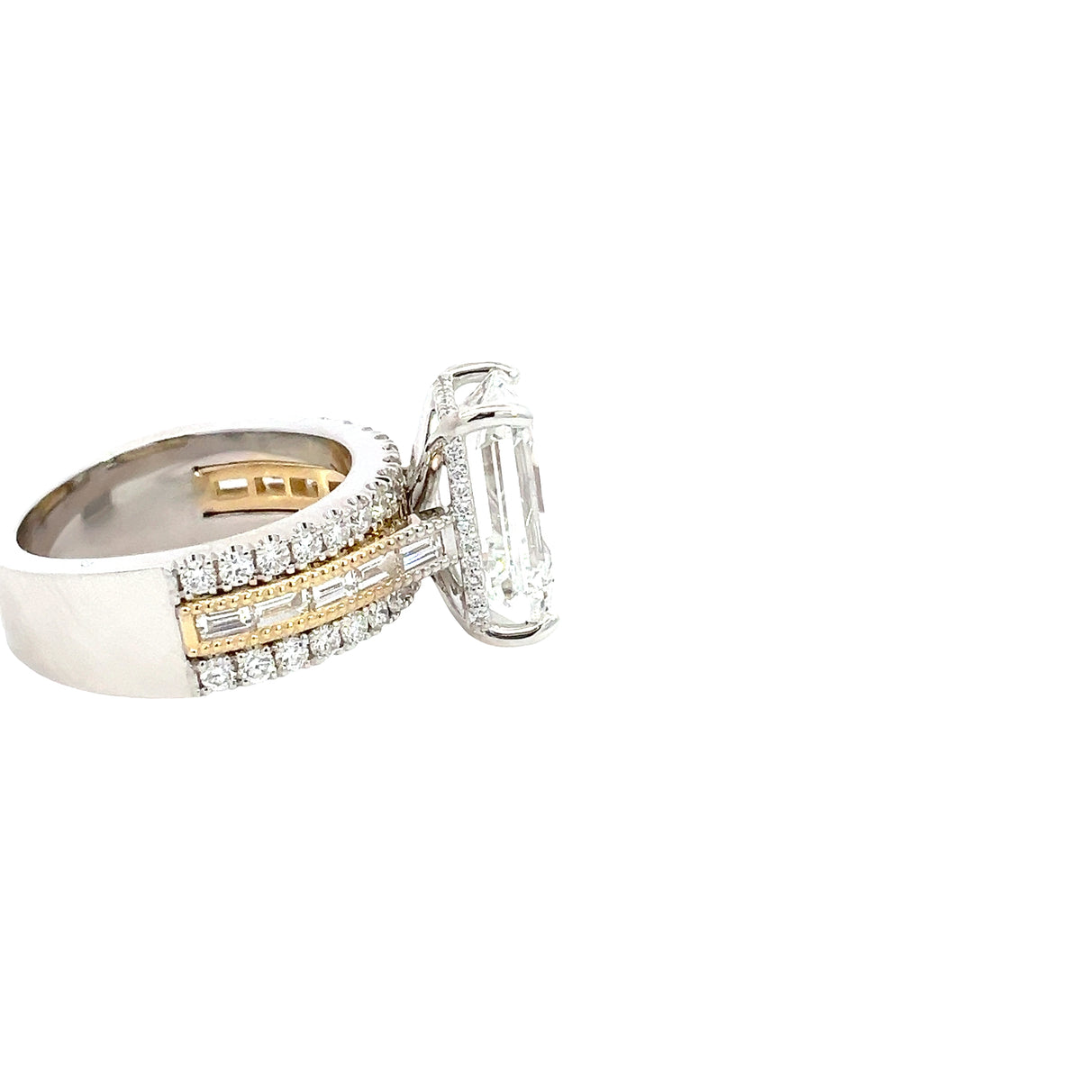 LAB GROWN EMERALD, ROUND, &amp; BAGUETTE DIAMONDS 7.50ctw THREE ROW RING