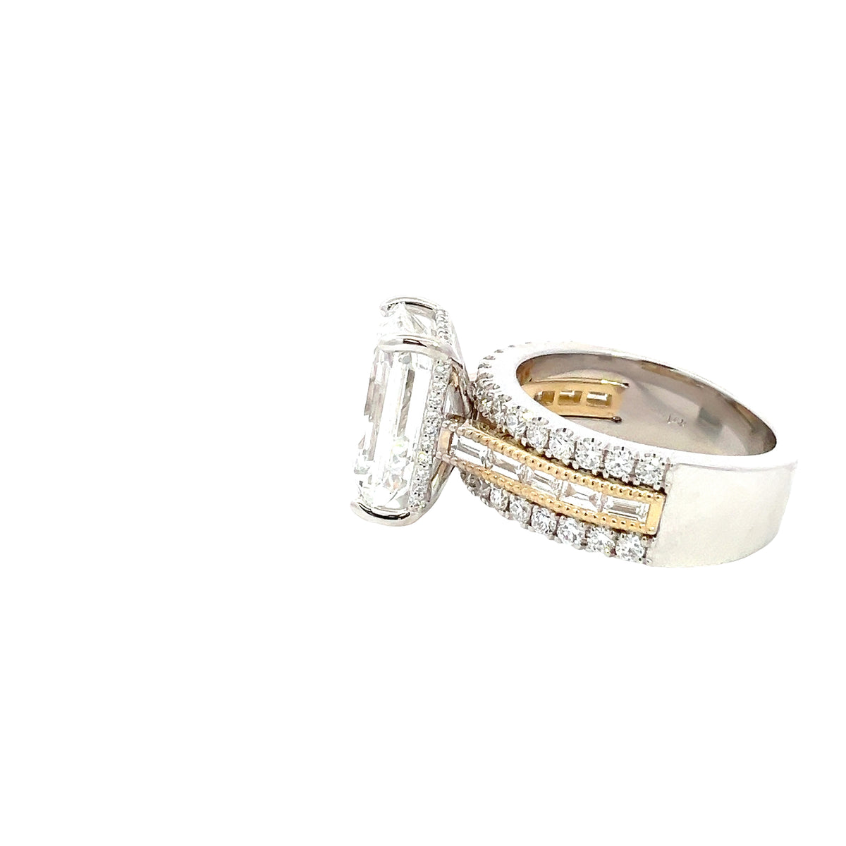 LAB GROWN EMERALD, ROUND, &amp; BAGUETTE DIAMONDS 7.50ctw THREE ROW RING