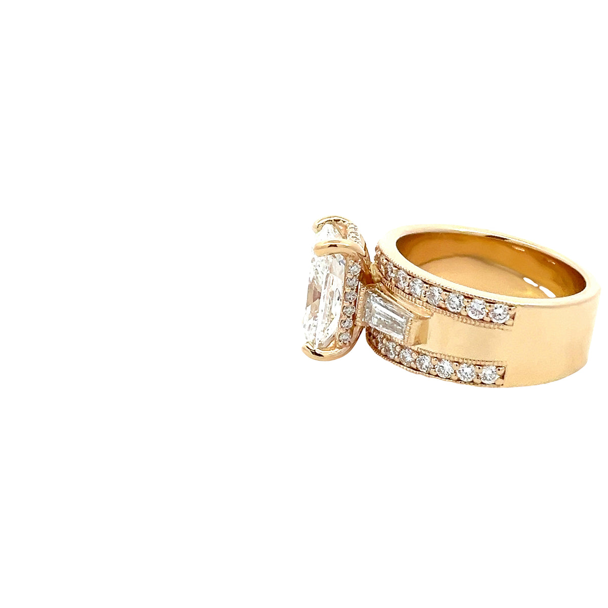 LAB GROWN CUSHION, BAGUETTE, &amp; ROUND DIAMONDS 5.62ctw THREE STONE RING