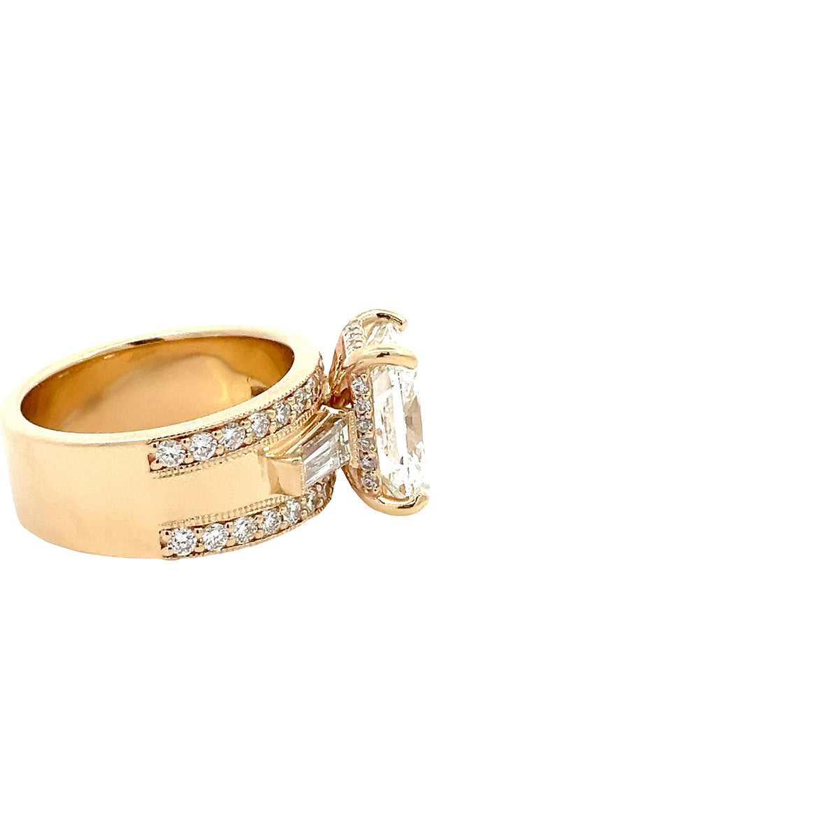 LAB GROWN CUSHION, BAGUETTE, &amp; ROUND DIAMONDS 5.62ctw THREE STONE RING