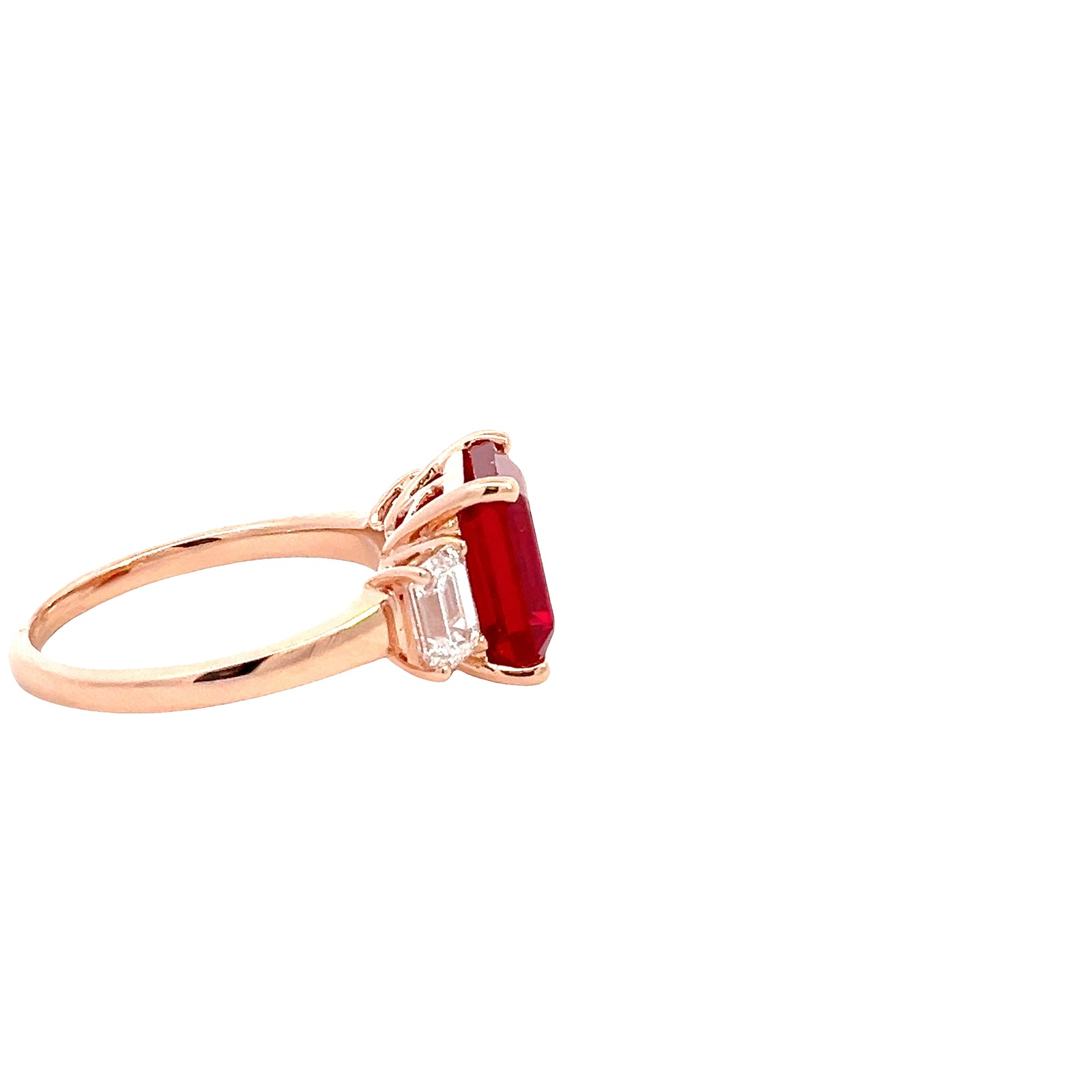 LAB GROWN RUBY & EMERALD CUT DIAMONDS 5.8ctw THREE STONE RING