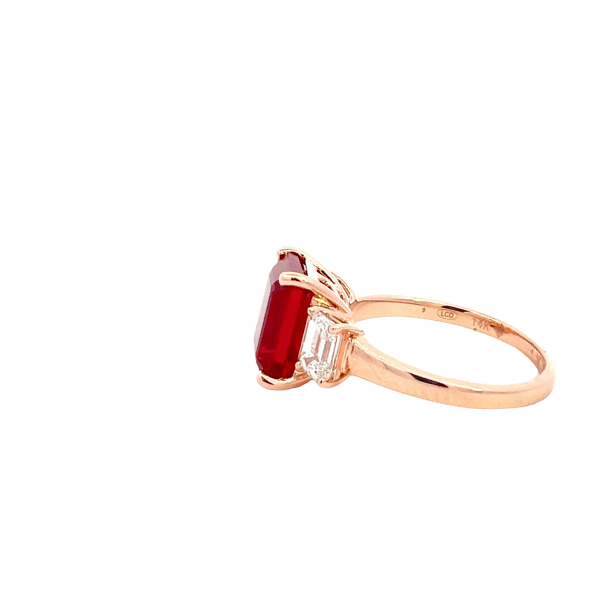 LAB GROWN RUBY &amp; EMERALD CUT DIAMONDS 5.8ctw THREE STONE RING