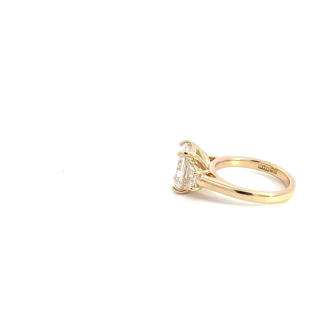 LAB GROWN RADIANT AND TRAPEZOID DIAMONDS 3.80ctw THREE STONE RING