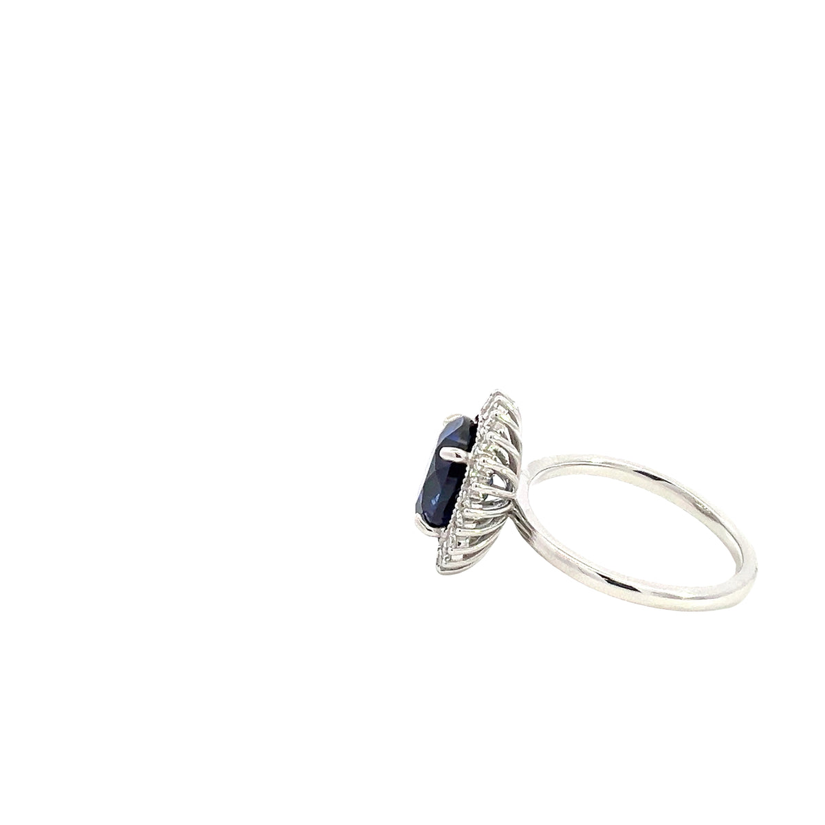 LAB GROWN OVAL BLUE SAPPHIRE AND DIAMONDS 4.11ctw HALO RING