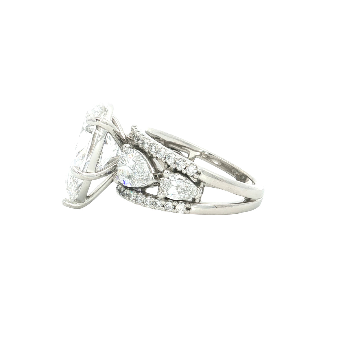 LAB GROWN PEAR AND ROUND DIAMONDS 8.06ctw CUSTOM PRONG SET RING