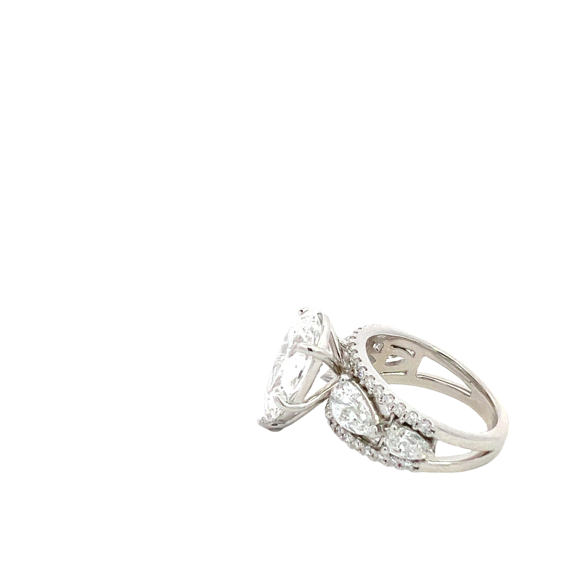 LAB GROWN PEAR AND ROUND DIAMONDS 8.06ctw THREE STONE SPLIT RING