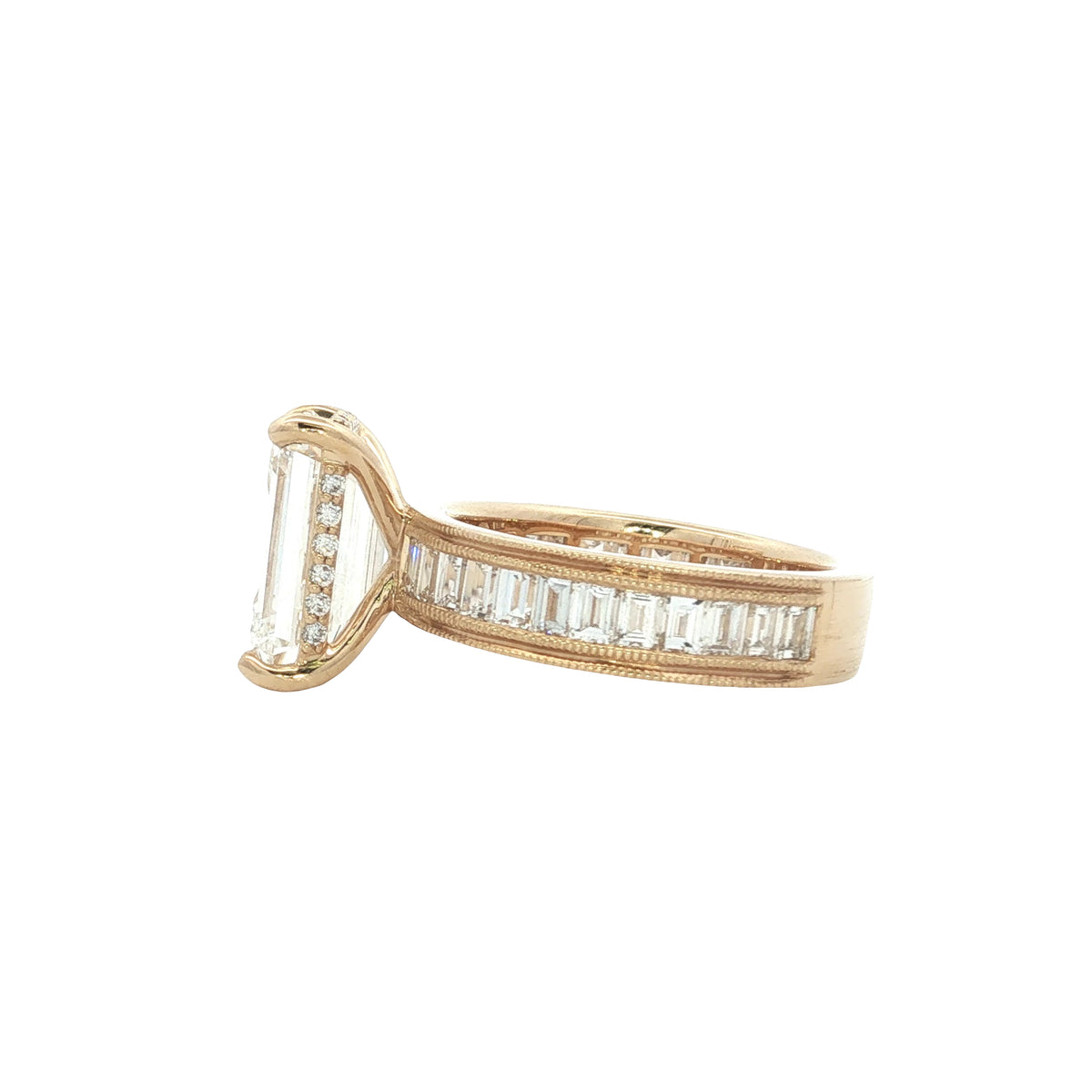 LAB GROWN EMERALD AND BAGUETTE DIAMONDS 6.90ctw CHANNEL SET RING