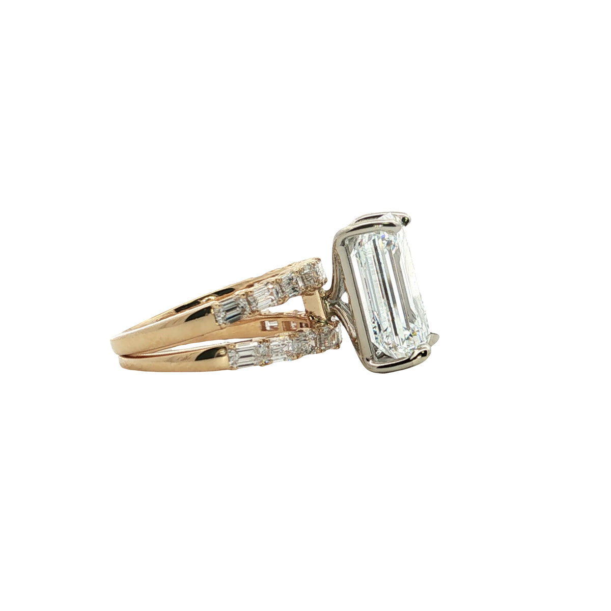 LAB GROWN EMERALD AND BAGUETTE DIAMONDS 9.54ctw SPLIT SHANK RING