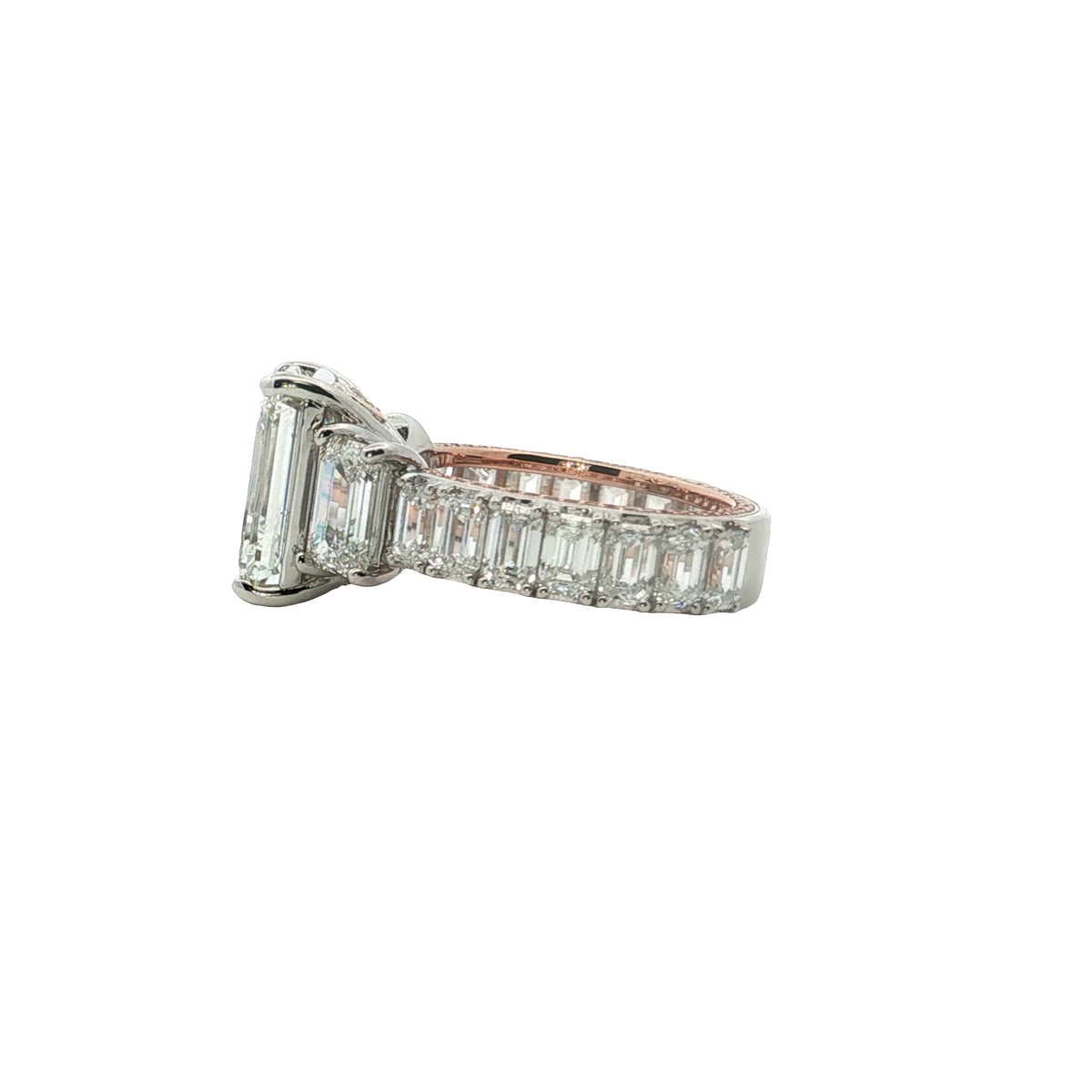 LAB GROWN EMERALD AND ROUND DIAMONDS 14.30ctw THREE STONE RING